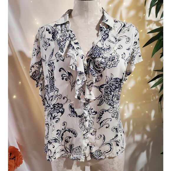 Vtg Talbots 100% Silk Floral Short Flutter Sleeve Button Ruffle Top Size 16 Y2K - Picture 1 of 9